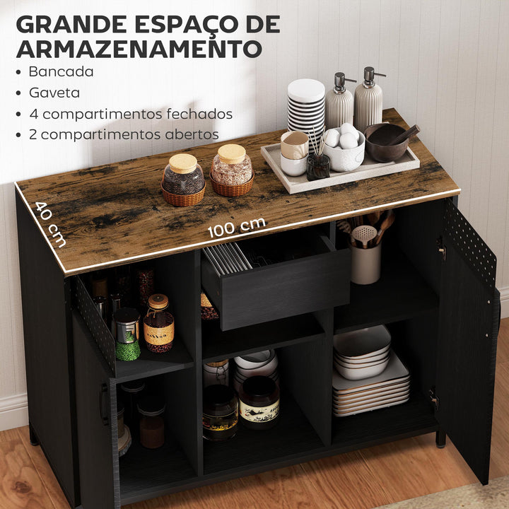 Aparador de 2 Portas com Orifícios Aparador de Sala com 2 Compartimentos e Gaveta Prateleiras Ajustáveis para Cozinha Entrada Dormitório 100x40x80 cm Preto e Castanho Rústico