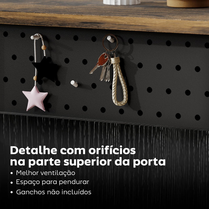 Aparador de 2 Portas com Orifícios Aparador de Sala com 2 Compartimentos e Gaveta Prateleiras Ajustáveis para Cozinha Entrada Dormitório 100x40x80 cm Preto e Castanho Rústico