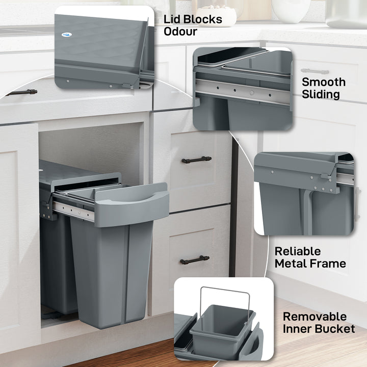 Balde do Lixo Sob Lavatório Balde do Lixo de Cozinha com 2 Contentores de Reciclagem Extraíveis 20L+10L Deslizamento Suave Asa Tampa com Padrão de Diamante Cinzento