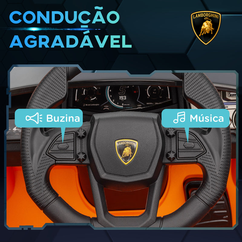 Carro Elétrico para Crianças acima de 3 Anos Carro Lamborghini Revuelto Carro Elétrico para Crianças com Bateria 12V Controlo Remoto Faróis LED Buzina Música e Rodas Auxiliares 105x60x40 cm Laranja