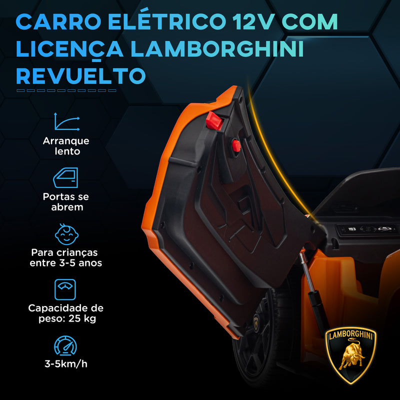 Carro Elétrico para Crianças acima de 3 Anos Carro Lamborghini Revuelto Carro Elétrico para Crianças com Bateria 12V Controlo Remoto Faróis LED Buzina Música e Rodas Auxiliares 105x60x40 cm Laranja