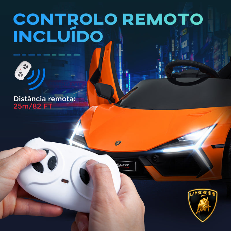 Carro Elétrico para Crianças acima de 3 Anos Carro Lamborghini Revuelto Carro Elétrico para Crianças com Bateria 12V Controlo Remoto Faróis LED Buzina Música e Rodas Auxiliares 105x60x40 cm Laranja