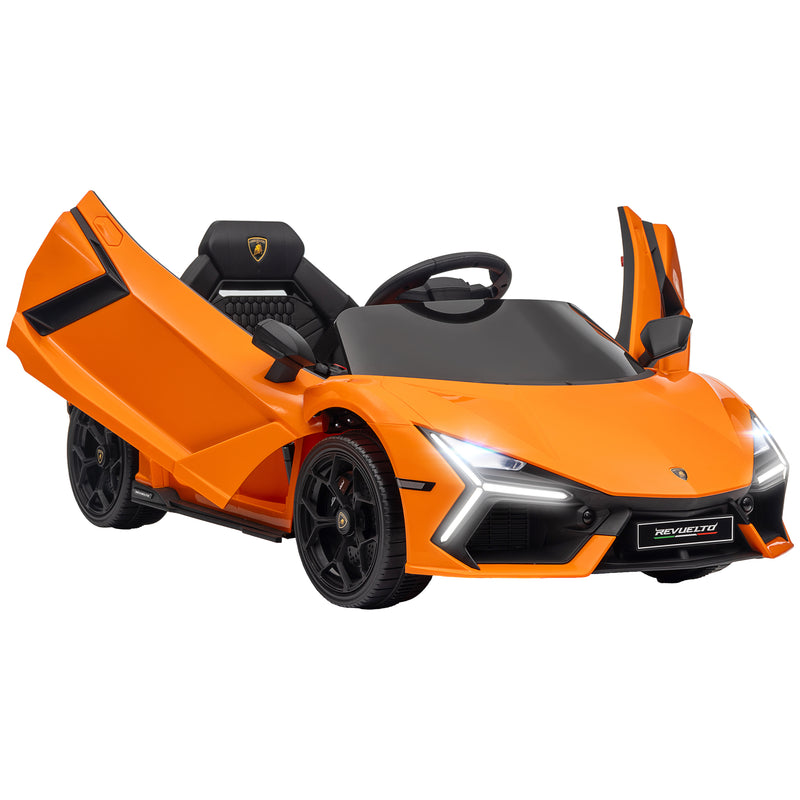 Carro Elétrico para Crianças acima de 3 Anos Carro Lamborghini Revuelto Carro Elétrico para Crianças com Bateria 12V Controlo Remoto Faróis LED Buzina Música e Rodas Auxiliares 105x60x40 cm Laranja