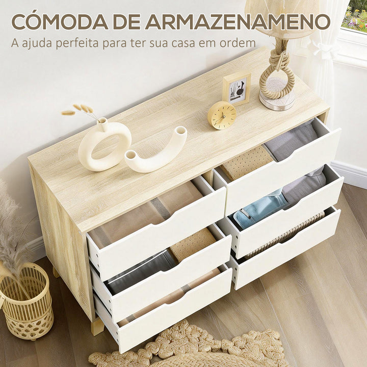 Cómoda com 6 Gavetas e Pés Elevados Cómoda para Dormitório Sala de Estar Estilo Moderno Anti-Tombo 120x40x76cm Madeira e Branco