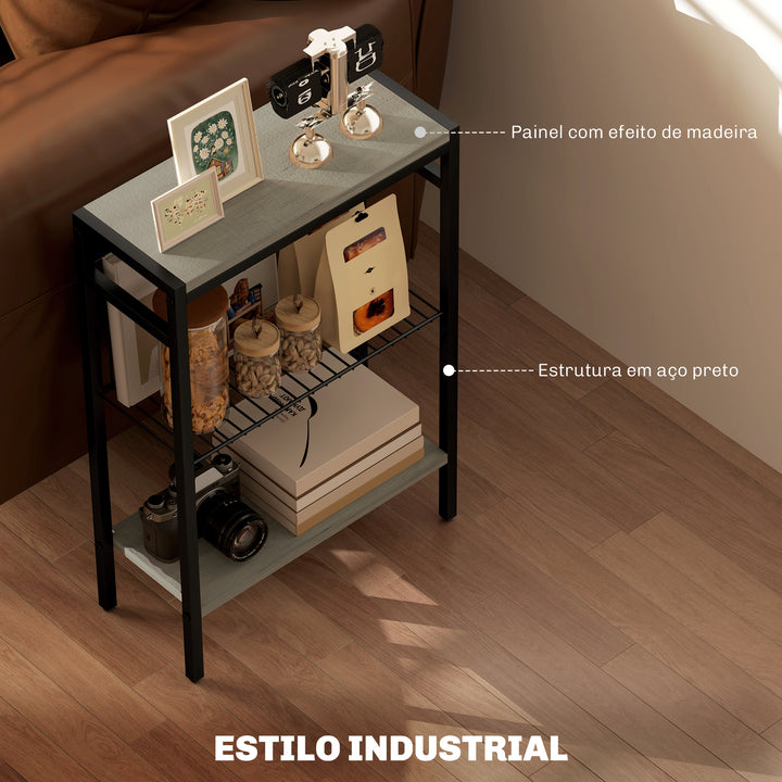 Mesa Auxiliar Estreita de 3 Níveis Mesinha Auxiliar Industrial com Prateleiras Abertas e Estrutura de Aço para Sala de Estar Quarto 43x18x62,5 cm Madeira