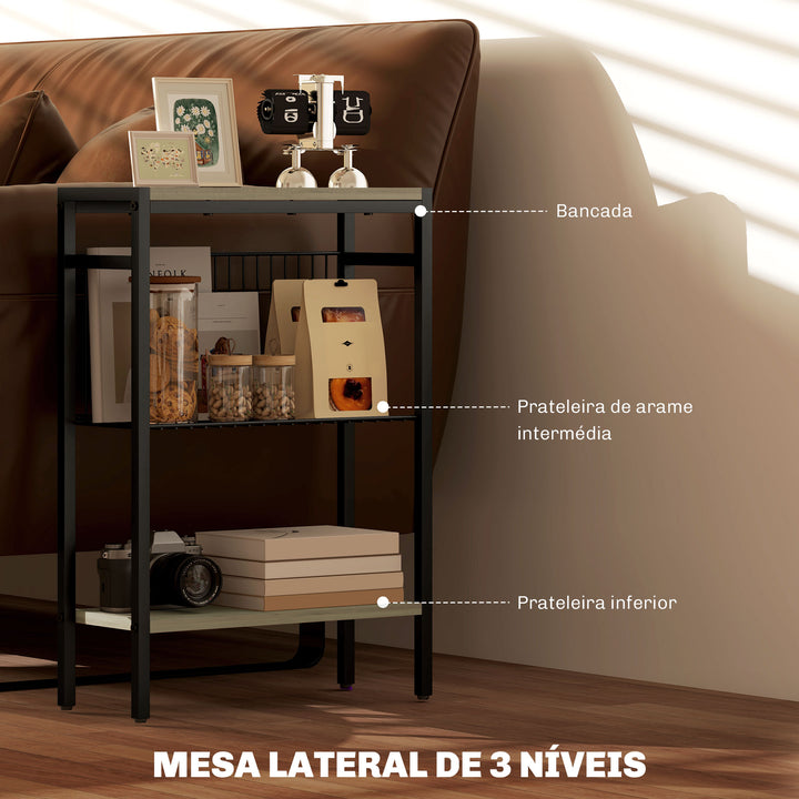 Mesa Auxiliar Estreita de 3 Níveis Mesinha Auxiliar Industrial com Prateleiras Abertas e Estrutura de Aço para Sala de Estar Quarto 43x18x62,5 cm Madeira