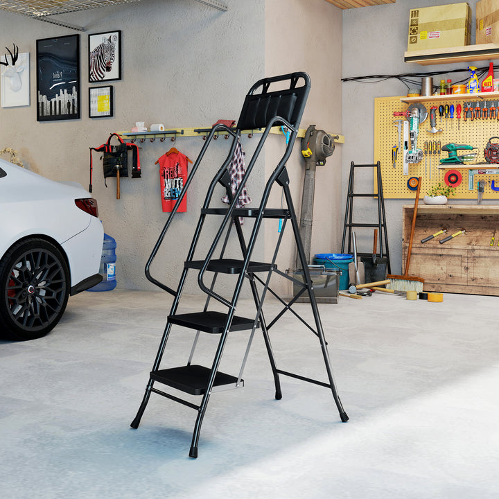 Escada Dobrável com 4 Degraus Escada de Metal com Apoio para os Braços e Suporte para Ferramentas Carga Máxima 150 kg 50x83x157,5 cm Preto
