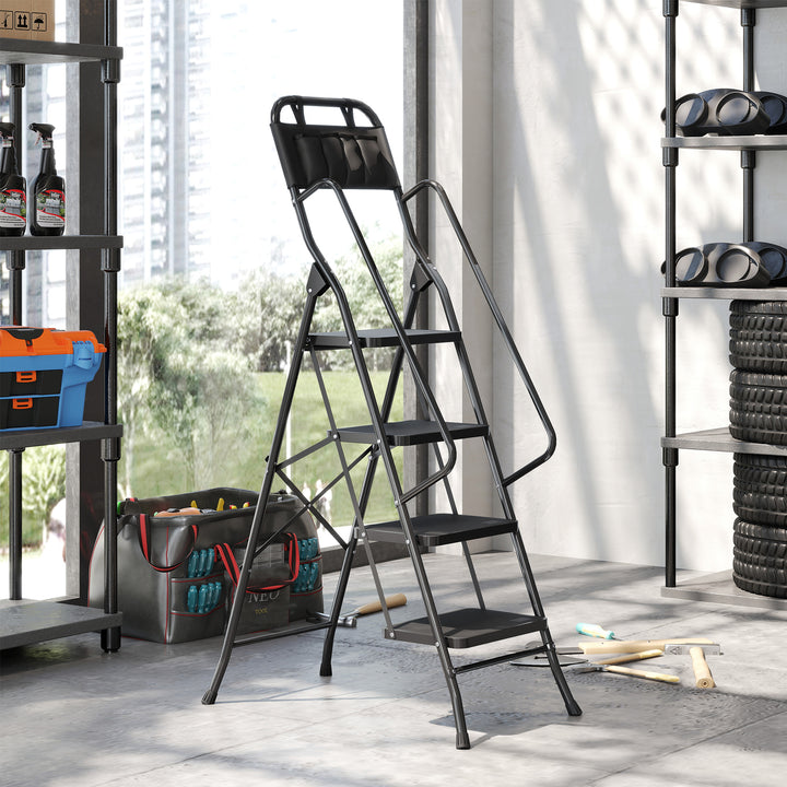 Escada Dobrável com 4 Degraus Escada de Metal com Apoio para os Braços e Suporte para Ferramentas Carga Máxima 150 kg 50x83x157,5 cm Preto