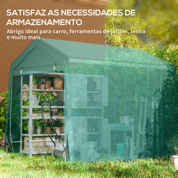 Abrigo de Exterior para Ferramentas Bicicleta 2,4x2x2,02 m Abrigo de Armazenamento com 2 Portas com Fecho de Correr Impermeável Anti-UV para Jardim Verde