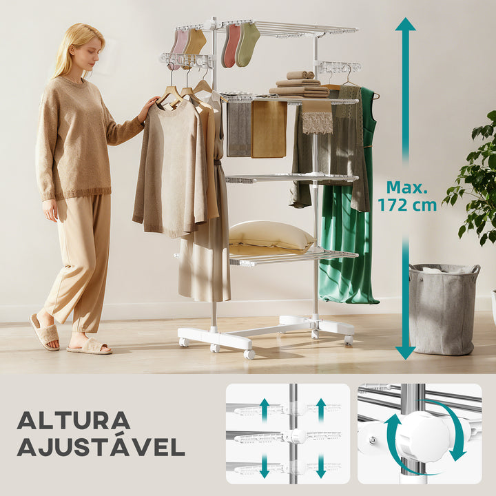 Estendal de Roupa tipo Pendurador Móvel Branco e Aço Inoxidável (80-142) x 55 x 178 cm