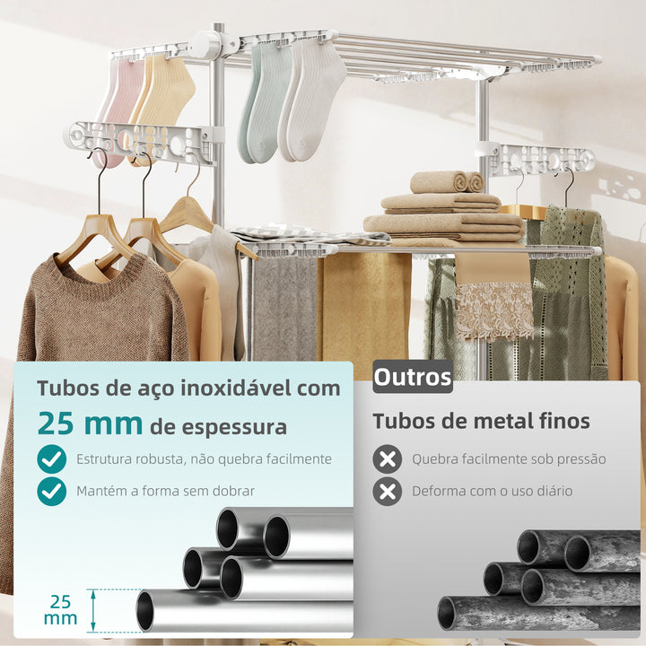 Estendal de Roupa tipo Pendurador Móvel Branco e Aço Inoxidável (80-142) x 55 x 178 cm
