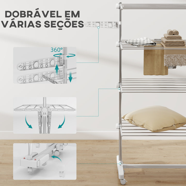 Estendal de Roupa tipo Pendurador Móvel Branco e Aço Inoxidável (80-142) x 55 x 178 cm