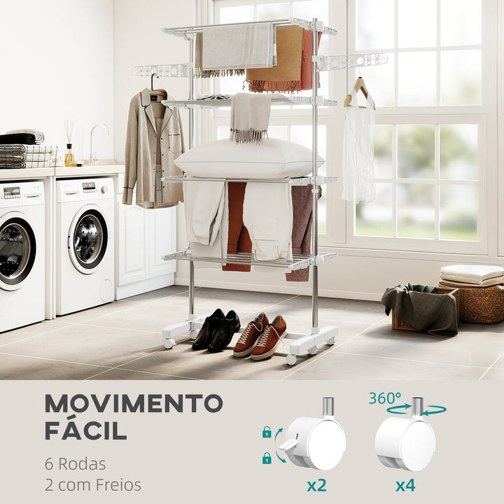 Estendal de Roupa tipo Pendurador Móvel Branco e Aço Inoxidável (80-142) x 55 x 178 cm