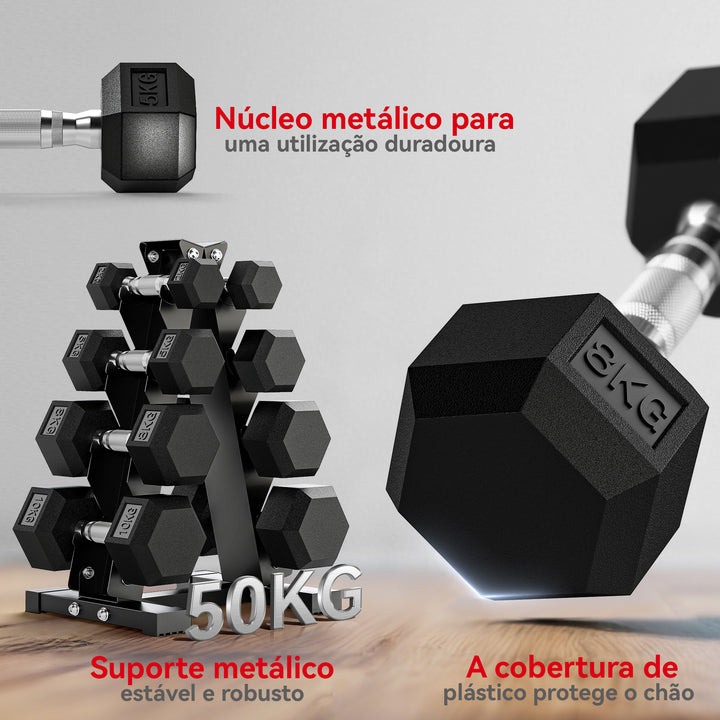 Conjunto de Halteres de 8 Peças 50 kg Halteres Hexagonais 2x2kg 2x5kg 2x8kg 2x10kg com Suporte de Armazenamento e Punho Antiderrapante para Treino em Casa e Ginásio Preto