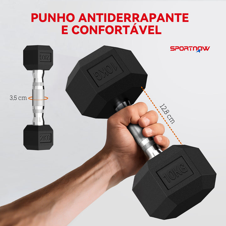 Conjunto de Halteres de 8 Peças 50 kg Halteres Hexagonais 2x2kg 2x5kg 2x8kg 2x10kg com Suporte de Armazenamento e Punho Antiderrapante para Treino em Casa e Ginásio Preto