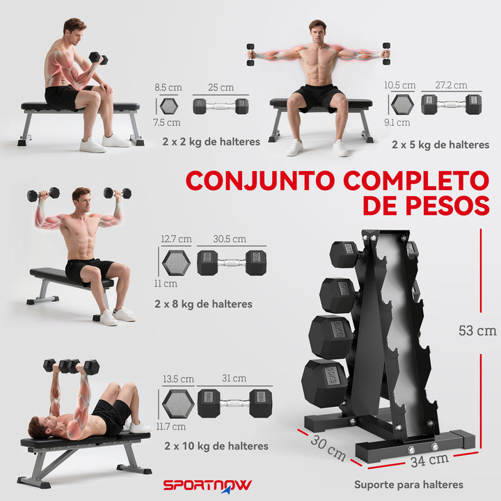 Conjunto de Halteres de 8 Peças 50 kg Halteres Hexagonais 2x2kg 2x5kg 2x8kg 2x10kg com Suporte de Armazenamento e Punho Antiderrapante para Treino em Casa e Ginásio Preto