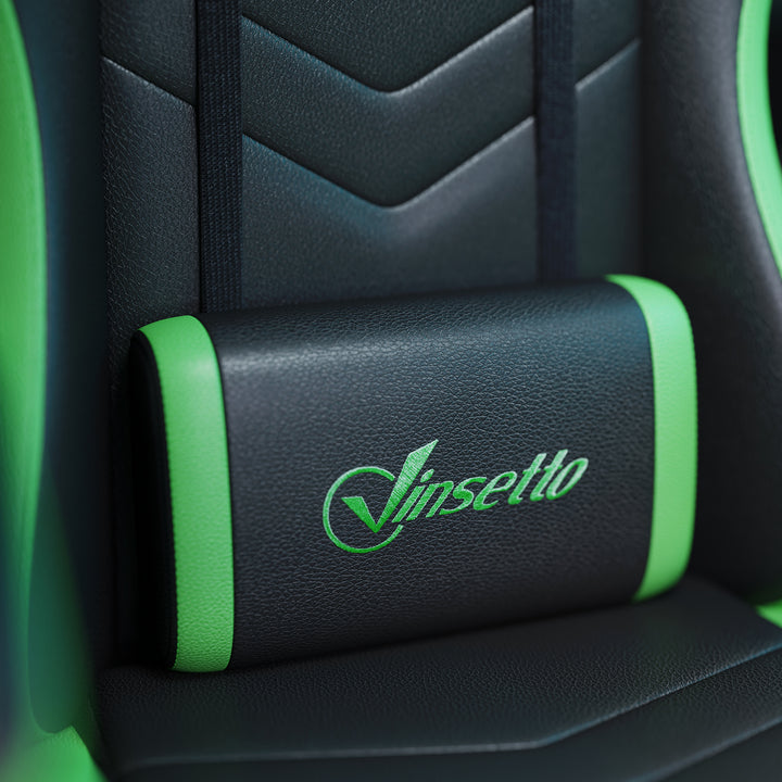 Cadeira Gaming Reclinável até 135° com Suporte Lombar Altura Ajustável Almofada de Cabeça e Apoio para os Pés Retrátil 65x65x121-129 cm Preto e Verde