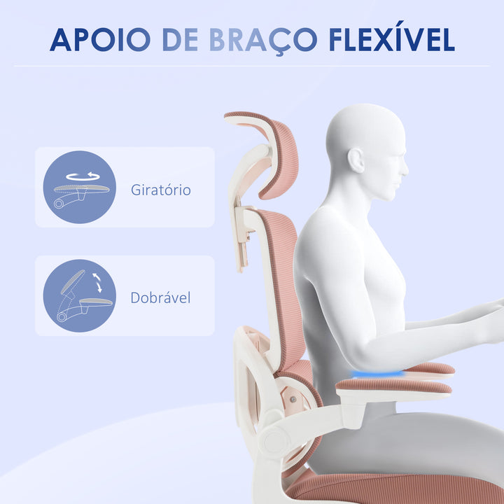 Cadeira de Escritório Giratória de Malha Cadeira de Escritório Basculante com Encosto Alto Apoio de Cabeça Apoios de Braços e Suporte Lombar 62x58x120-133 cm Rosa