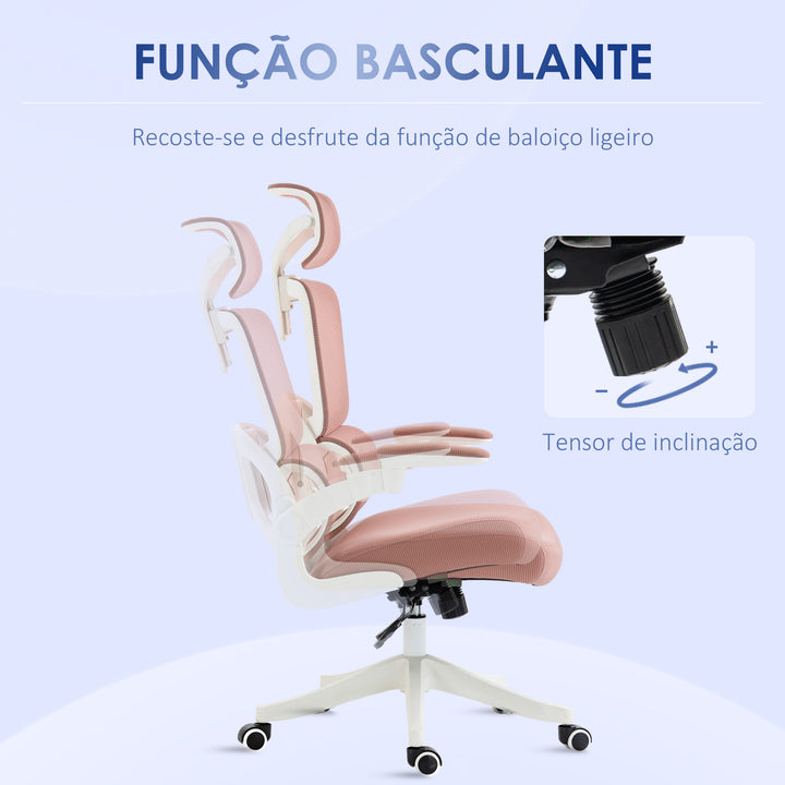 Cadeira de Escritório Giratória de Malha Cadeira de Escritório Basculante com Encosto Alto Apoio de Cabeça Apoios de Braços e Suporte Lombar 62x58x120-133 cm Rosa