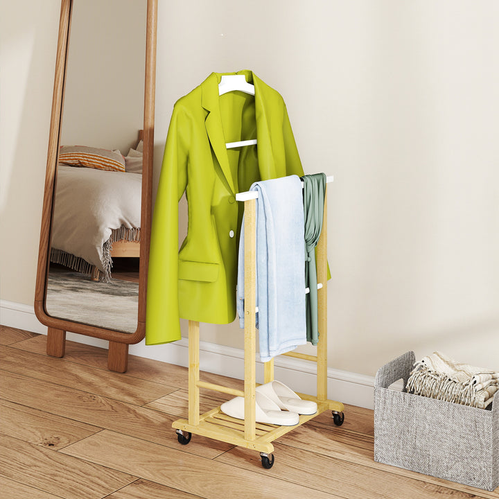 Cabide de Pé de Bambu com Rodas Cabide para Roupas com Barras para Calças e Prateleira Inferior para Sapatos Estilo Nórdico para Quarto 47x33,7x105,5 cm Madeira e Branco