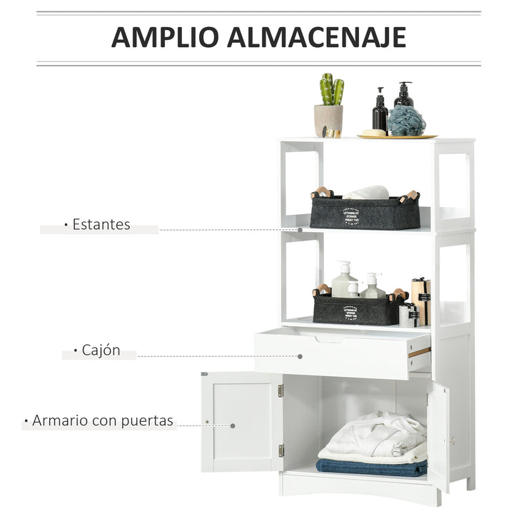 Armário para Banheiro com 3 Prateleiras Gaveta e 2 Portas Móvel de Armazenamento para Cozinha, Sala de estar Dormitório 60x33x122,5cm Branco