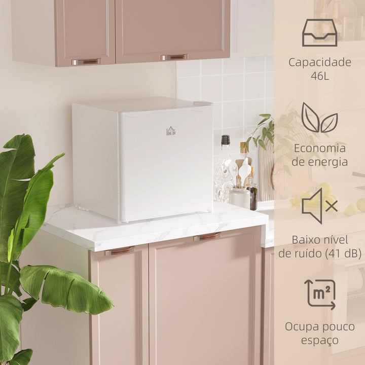 Mini Frigorífico Silencioso 46L Classe F Frigorífico Pequeno com Temperatura Ajustável e Porta Reversível para Sala de Estar Dormitório Escritório 48x44x49 cm Branco