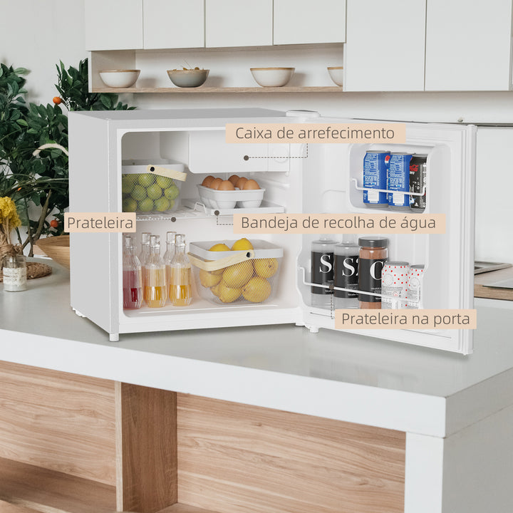 Mini Frigorífico Silencioso 46L Classe F Frigorífico Pequeno com Temperatura Ajustável e Porta Reversível para Sala de Estar Dormitório Escritório 48x44x49 cm Branco