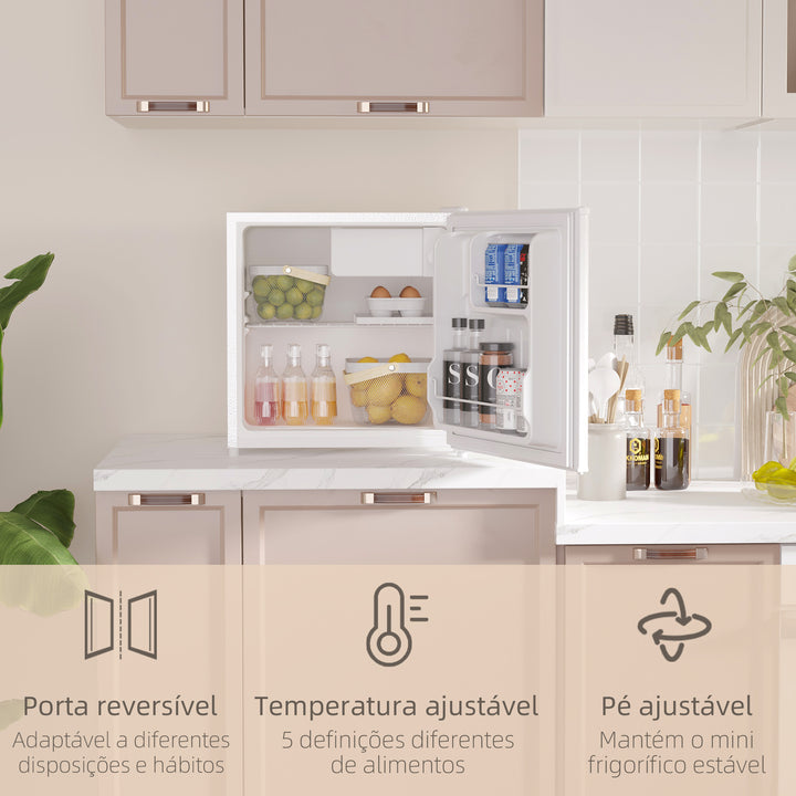 Mini Frigorífico Silencioso 46L Classe F Frigorífico Pequeno com Temperatura Ajustável e Porta Reversível para Sala de Estar Dormitório Escritório 48x44x49 cm Branco