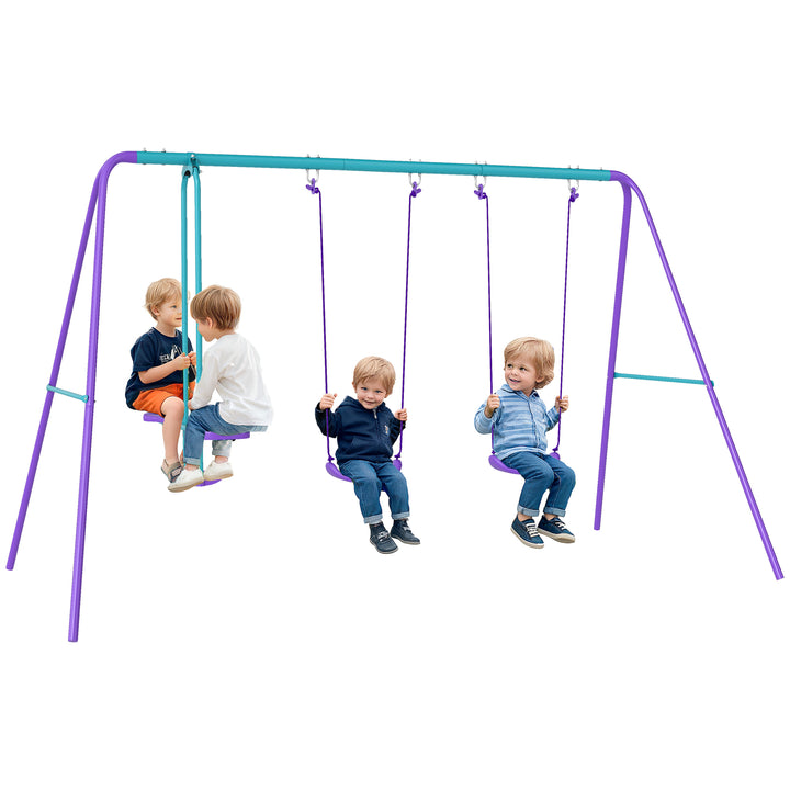 Conjunto de Baloiços de Jardim de Metal com Altura Ajustável Baloiços para Crianças acima de 3 Anos com Baloiço Duplo Baloiço para Pátio Exterior 280x140x178 cm Azul e Roxo