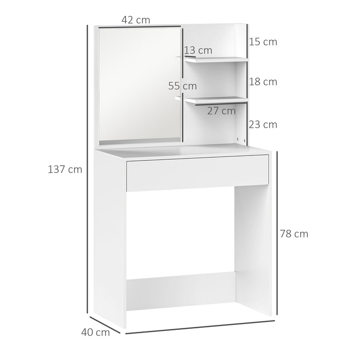 Toucador de Maquilhagem com Espelho Mesa de Maquilhagem com Gaveta e Prateleiras Abertas Toucador para Dormitório 75x40x137 cm Branco
