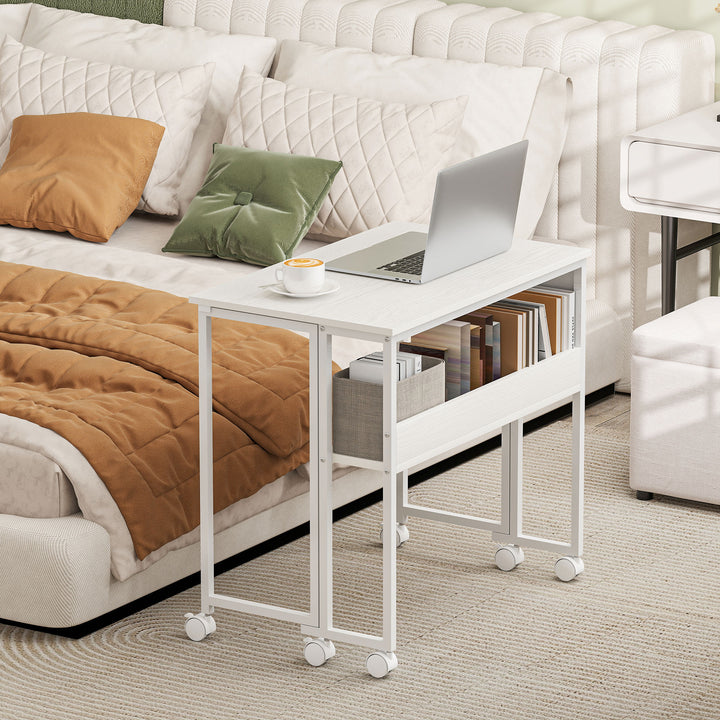 Secretária Dobrável com Rodas e Prateleira Mesa de Escritório Compacta com Bolso de Arrumação Mesa para Computador Portátil para Casa Escritório Espaços Pequenos 80x50x75 cm Branco