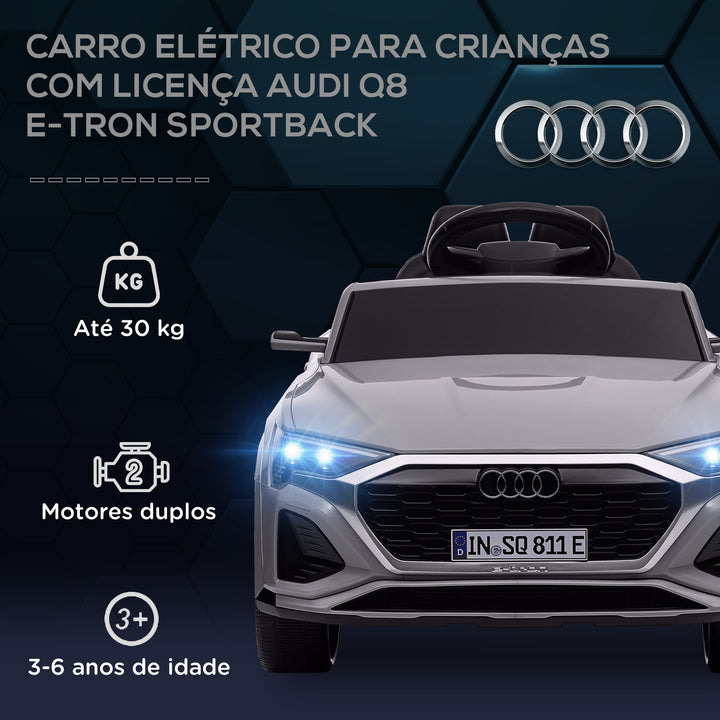 Carro Elétrico para Crianças acima de 3 Anos Carro Audi Q8 Etron Sportback Infantil com Bateria 12V Controlo Remoto Faróis Buzina e Música 98x49,5x43 cm Cinza