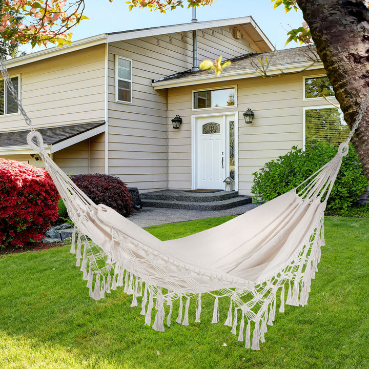 Cama de Rede Suspensa 288x150 cm Cama de Rede para Jardim de Algodão com Bolsa de Transporte Capacidade 180 kg para Pátio Terraço Campismo Creme