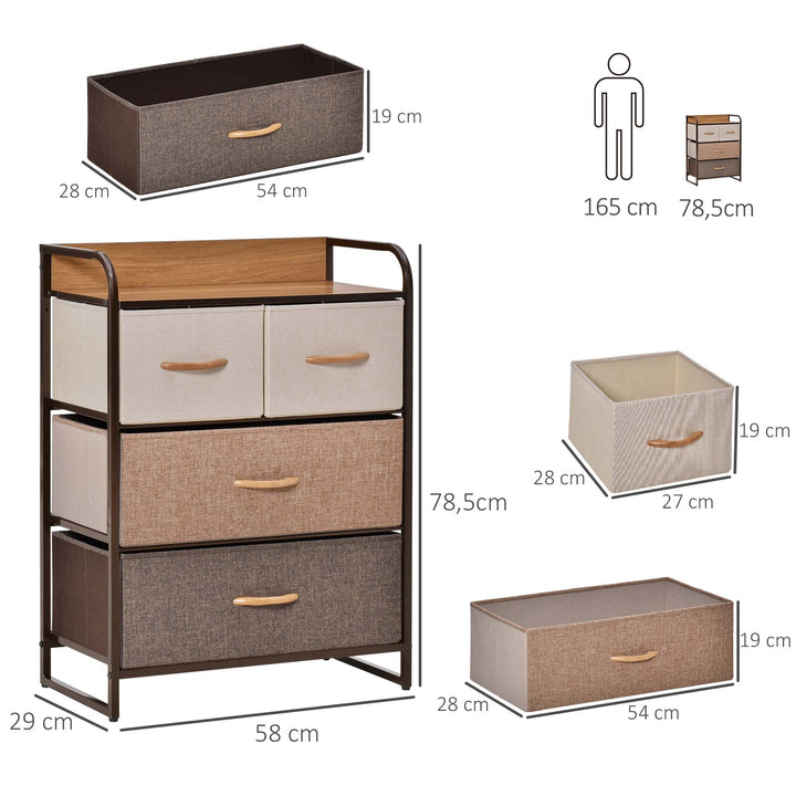 Cómoda de Tecido com 4 Cestos Removíveis e Dobráveis Base Elevada Móvel de Armazenamento para Dormitório Sala de Estar 58x29x78,5 cm Multicor