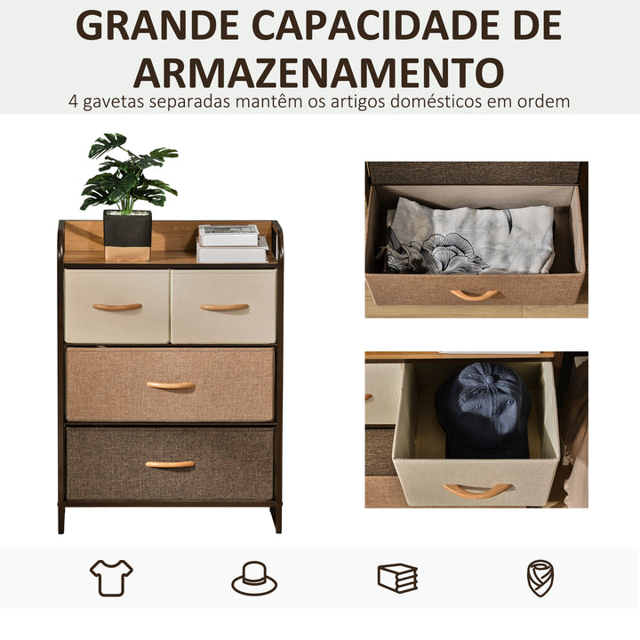 Cómoda de Tecido com 4 Cestos Removíveis e Dobráveis Base Elevada Móvel de Armazenamento para Dormitório Sala de Estar 58x29x78,5 cm Multicor