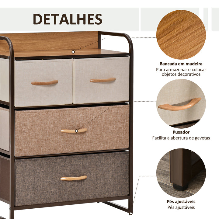 Cómoda de Tecido com 4 Cestos Removíveis e Dobráveis Base Elevada Móvel de Armazenamento para Dormitório Sala de Estar 58x29x78,5 cm Multicor