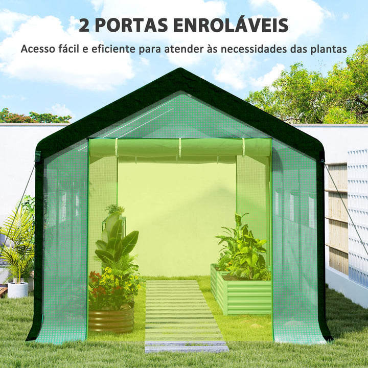 Estufa Tipo Túnel 6x3x2,8 m Estufa de Exterior com 6 Janelas Cobertura de PE Anti UV e 2 Portas Enroláveis com Fecho de Correr Estufa para Jardim Pátio Verde