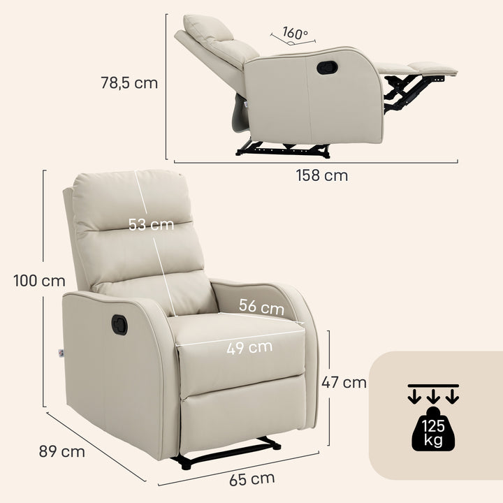 Poltrona Relax Reclinável Manual, Poltrona Estofada em PU com Apoio de Pés Retrátil, Almofadada, Reclinável até 160º, para Sala, Quarto, Creme, 65x89x100 cm