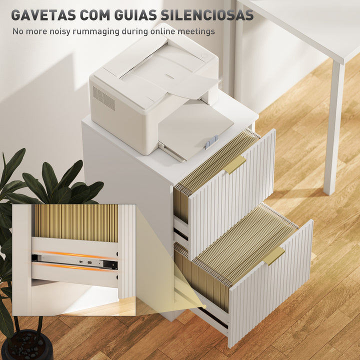 Bloco de Gavetas de Escritório com 2 Gavetas Bloco de Gavetas para Secretária com Frentes Caneladas Móvel para Arquivo para Tamanho A4 ou Carta para Escritório 40x40x71 cm Branco