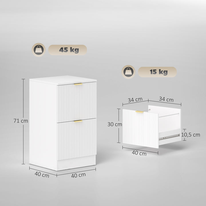 Bloco de Gavetas de Escritório com 2 Gavetas Bloco de Gavetas para Secretária com Frentes Caneladas Móvel para Arquivo para Tamanho A4 ou Carta para Escritório 40x40x71 cm Branco