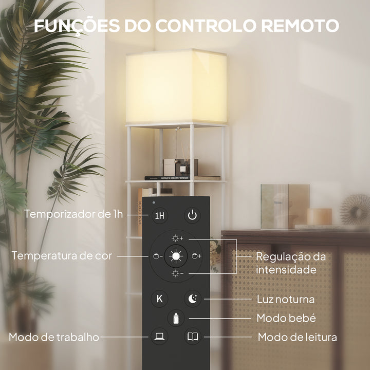 Candeeiro de Pé com Prateleiras Candeeiro de Sala com Brilho e Temperaturas de Cor Ajustáveis 3000K-6500K Controlo Remoto Casquilho E27 Temporizador para Quarto, Escritório Decoração 40x29x171 cm Branco