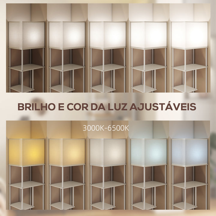 Candeeiro de Pé com Prateleiras Candeeiro de Sala com Brilho e Temperaturas de Cor Ajustáveis 3000K-6500K Controlo Remoto Casquilho E27 Temporizador para Quarto, Escritório Decoração 40x29x171 cm Branco