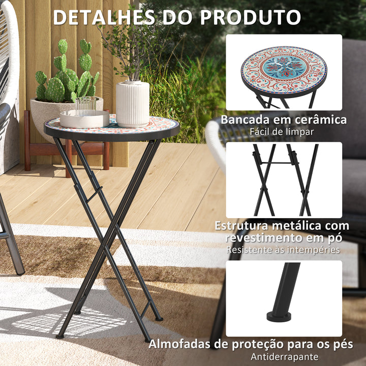 Mesa Auxiliar Redonda Mesa de Jardim Dobrável com Bancada em Mosaico e Pés com Almofadas Antiderrapantes Mesa para Exterior Pátio Varanda Ø35,5x55 cm Multicor