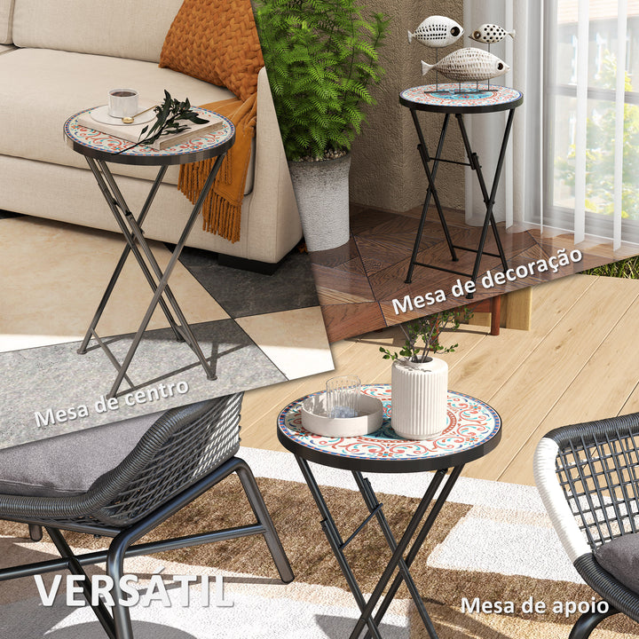 Mesa Auxiliar Redonda Mesa de Jardim Dobrável com Bancada em Mosaico e Pés com Almofadas Antiderrapantes Mesa para Exterior Pátio Varanda Ø35,5x55 cm Multicor