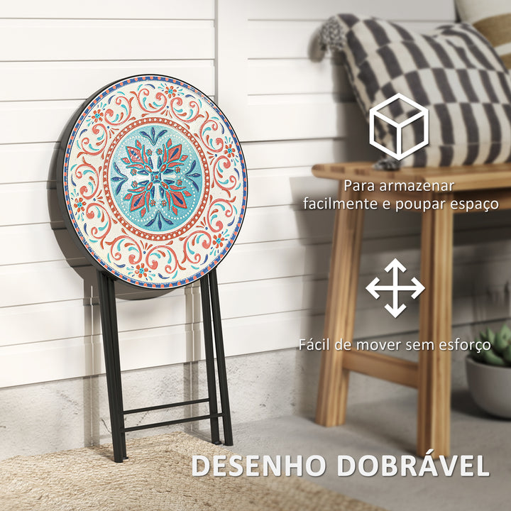 Mesa Auxiliar Redonda Mesa de Jardim Dobrável com Bancada em Mosaico e Pés com Almofadas Antiderrapantes Mesa para Exterior Pátio Varanda Ø35,5x55 cm Multicor