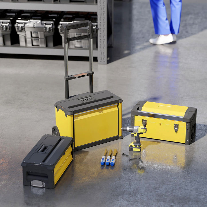 Caixa de Ferramentas Empilhável 3 em 1 Caixa de Ferramentas com Rodas Carro de Ferramentas de Aço com Bandeja e Cabo Telescópico 52x32x72 cm Amarelo e Preto