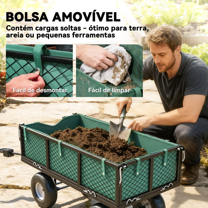 Carro de Jardim com Rodas Grandes, Carga 300 kg, Carro de Mão com Alça Ajustável e Bolsa Impermeável Removível, Carrinho de Transporte Todo-Terreno, Compras, Camping, Verde