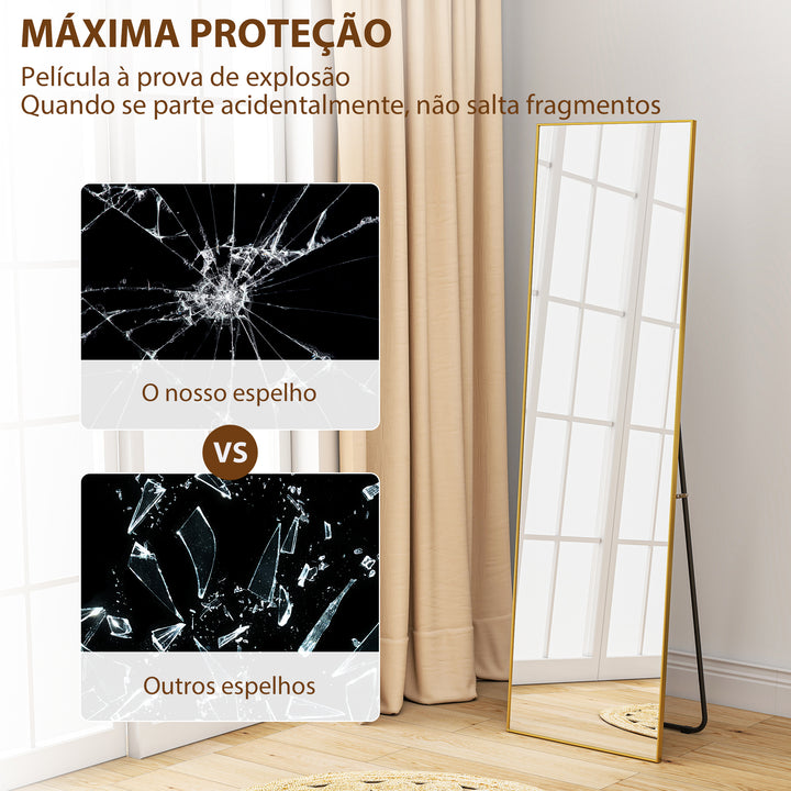 Espelho de Pé Espelho de Corpo Inteiro de Liga de Alumínio Espelho de Parede com 2 Formas de Utilização Forma Retangular para Corredor Dormitório Sala de Estar 50x161,5x2 cm Dourado