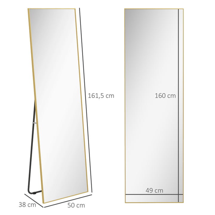 Espelho de Pé Espelho de Corpo Inteiro de Liga de Alumínio Espelho de Parede com 2 Formas de Utilização Forma Retangular para Corredor Dormitório Sala de Estar 50x161,5x2 cm Dourado