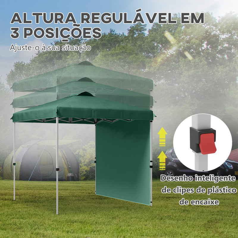 Tenda Dobrável 2,5x2,5 m Altura Ajustável Tenda de Jardim com 1 Parede Lateral Teto com Ventilação e Bolsa de Transporte para Acampamento Festas Verde